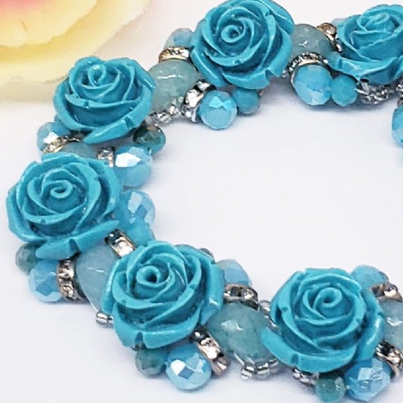 Turquoise Ice & Roses 3pc Jewelry Set,  Sterling Silver w/Glass & Crystal Beads - Picture 10 of 15